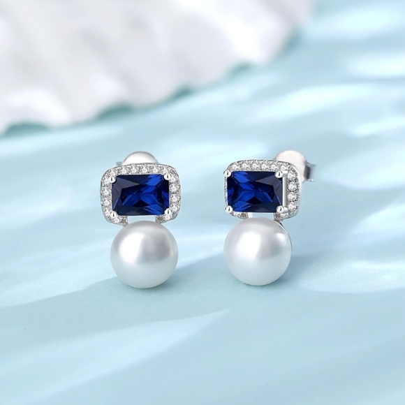 5A Blue Cubic Zirconia Real Cultured Pearls Earrings 925 Sterling Silver - Picture 3 of 6